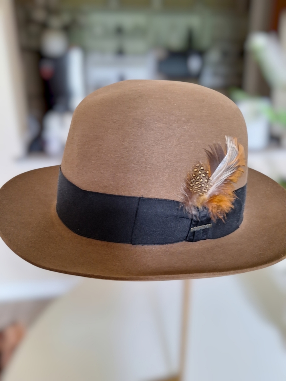 Royal Stetson Brown Felt Fedora with Feather Accent Size 59- 7 3/8